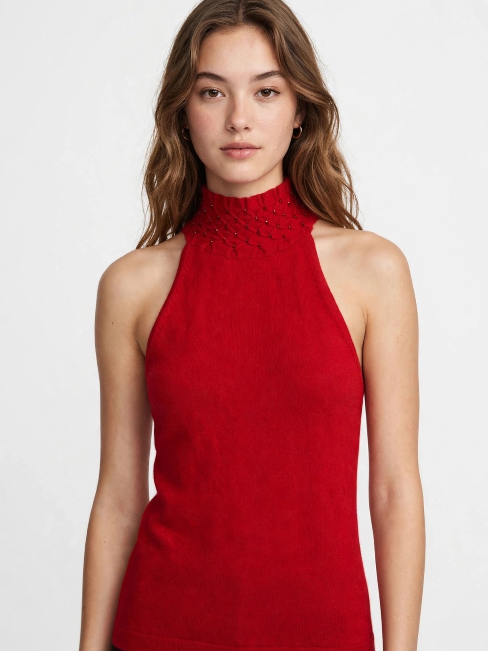 Autumn Cashmere || Beaded Halter Sweater Top Turtleneck Holiday Party Red Small